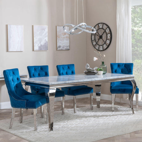 Louis Grey Marble and Chrome Dining Set - Lion Knocker Back Blue Velvet Fabric Dining Chair with Chrome Legs-3