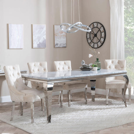 Louis Grey Marble and Chrome Dining Set - Lion Knocker Back Champagne Velvet Fabric Dining Chair with Chrome Legs-2