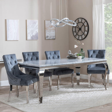 Louis Grey Marble and Chrome Dining Set - Lion Knocker Back Grey Velvet Fabric Dining Chair with Chrome Legs-4