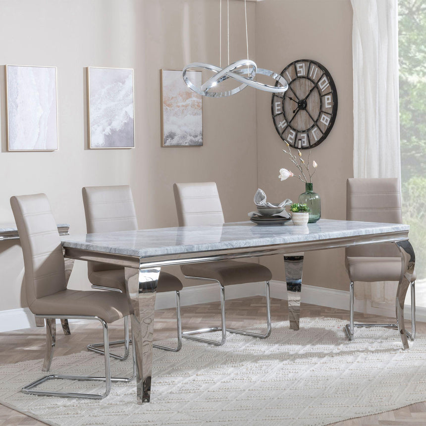 Matera Grey Marble and Chrome Dining Set - Romi Beige Faux Leather Dining Chair