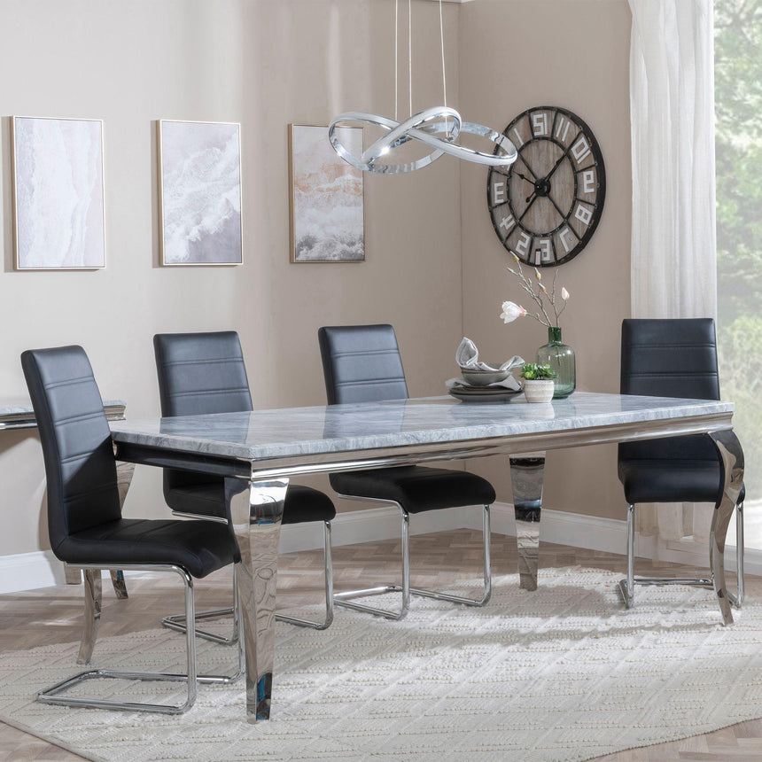 Matera Grey Marble and Chrome Dining Set - Romi Black Faux Leather Dining Chair
