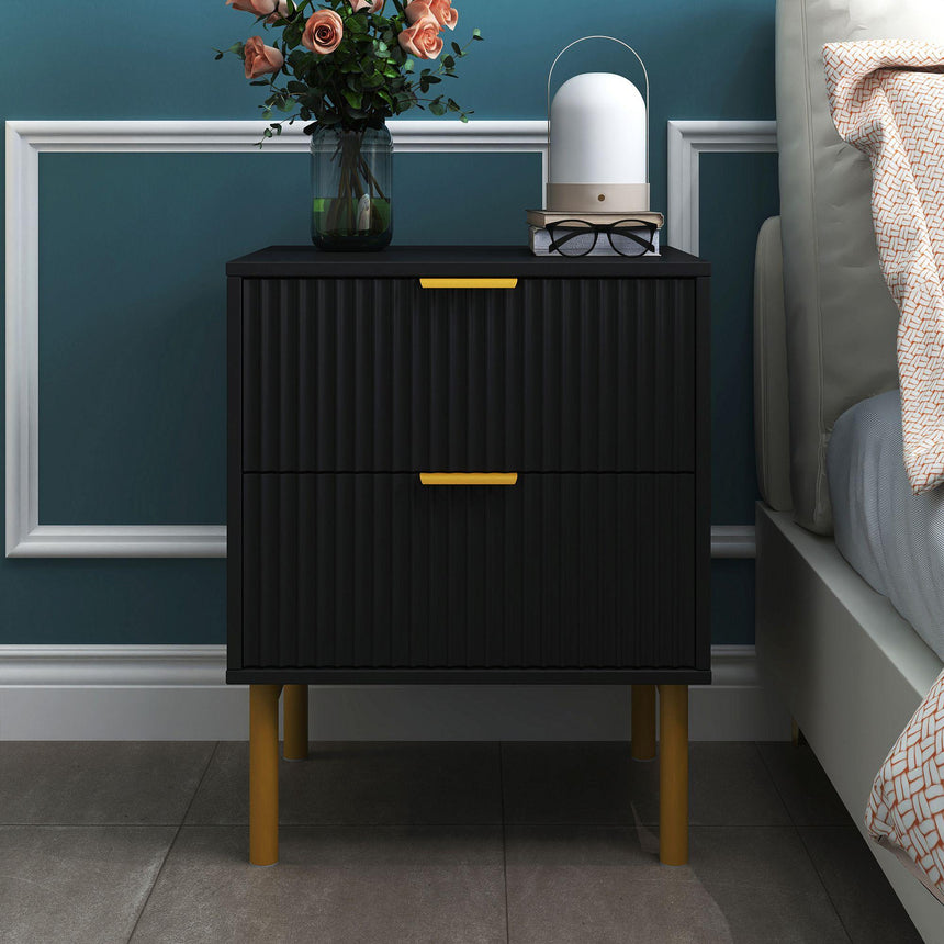 Ridged Black and Gold 2 Drawer Bedside Table-3
