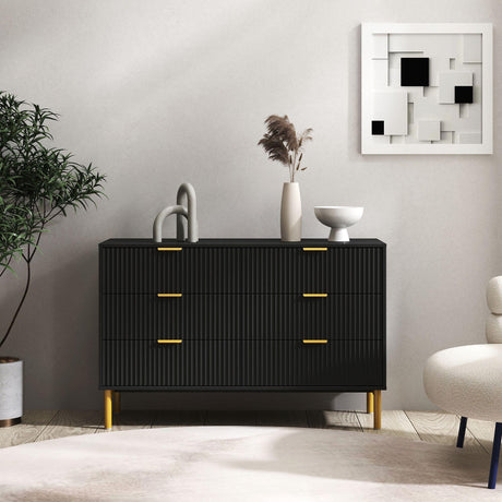 Ridged Black and Gold 6 Drawer Wide Chest-3
