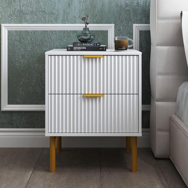 Ridged White and Gold 2 Drawer Bedside Table