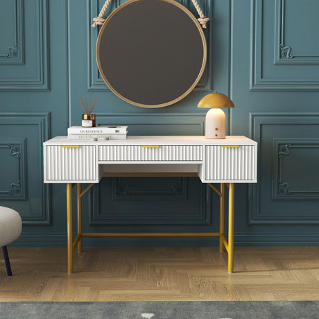Ridged White and Gold 3 Drawer Dressing Table