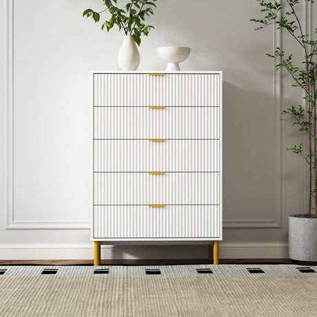 Ridged White and Gold 5 Drawer Chest