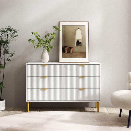 Ridged White and Gold 6 Drawer Wide Chest