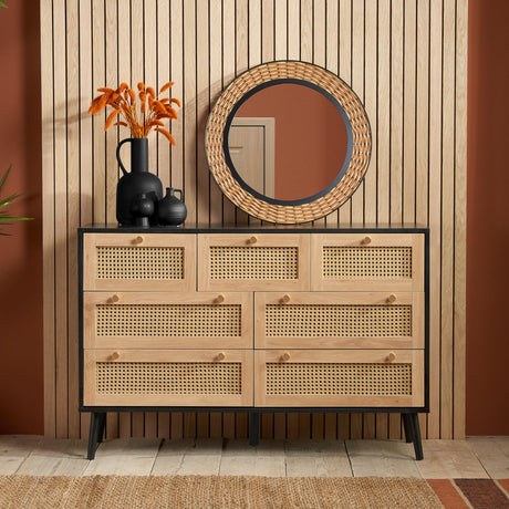 Croxley Black and Rattan Wide 7 Drawer Chest