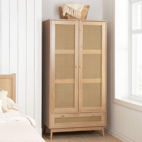 Croxley Oak and Rattan 2 Door Wardrobe - 1 Drawer