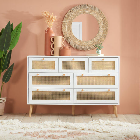 Croxley White and Rattan 7 Drawer Wide Chest