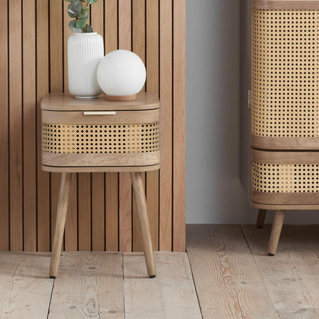 Noah Oak and Rattan Curved 1 Drawer Bedside Table