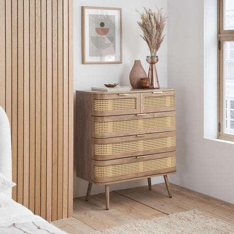 Noah Oak and Rattan Curved 2+3 Drawer Chest