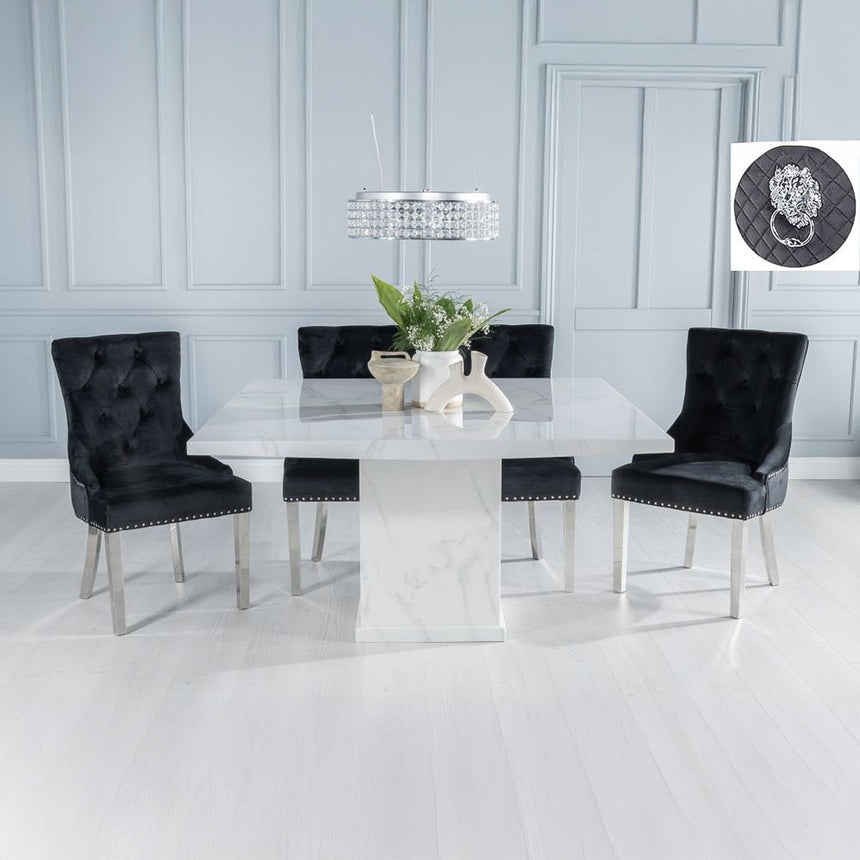 Turin White Marble Square Dining Set - Black Fabric Lion Head Ring Back Dining Chair with Chrome Legs-2