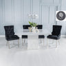 Turin White Marble Square Dining Set - Black Fabric Lion Head Ring Back Dining Chair with Chrome Legs-2