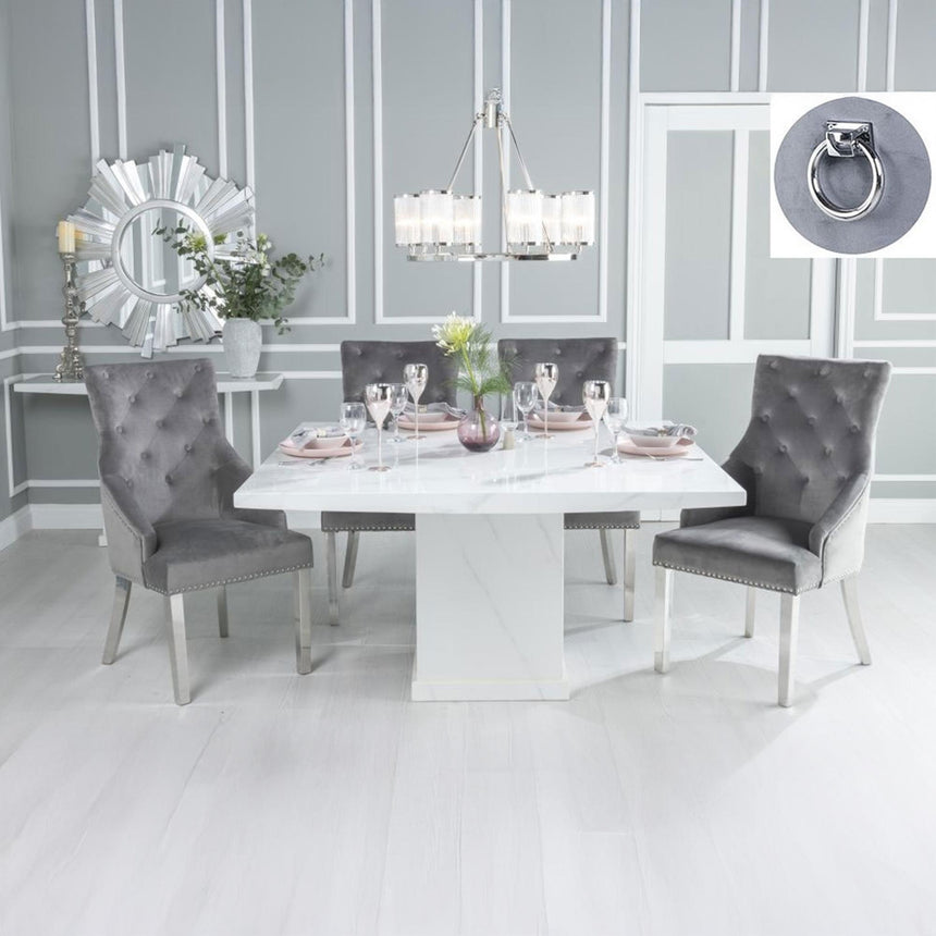 Turin White Marble Square Dining Set - Grey Fabric Knocker Back Dining Chair with Chrome Legs-2
