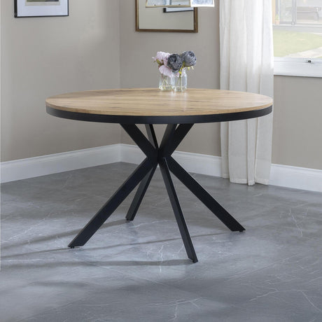 Ezra Oak 4 Seater Round Dining Table with Black Spider Legs - 120cm