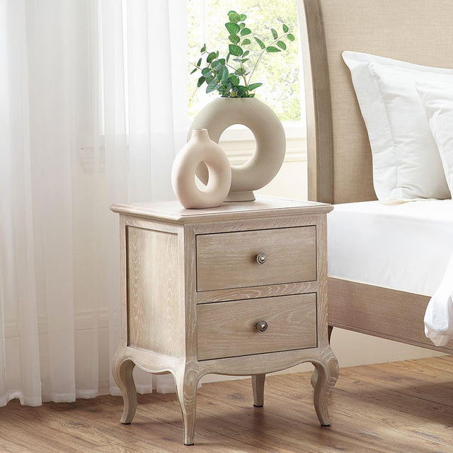 Camille Oak French Style 2 Drawer Bedside Cabinet