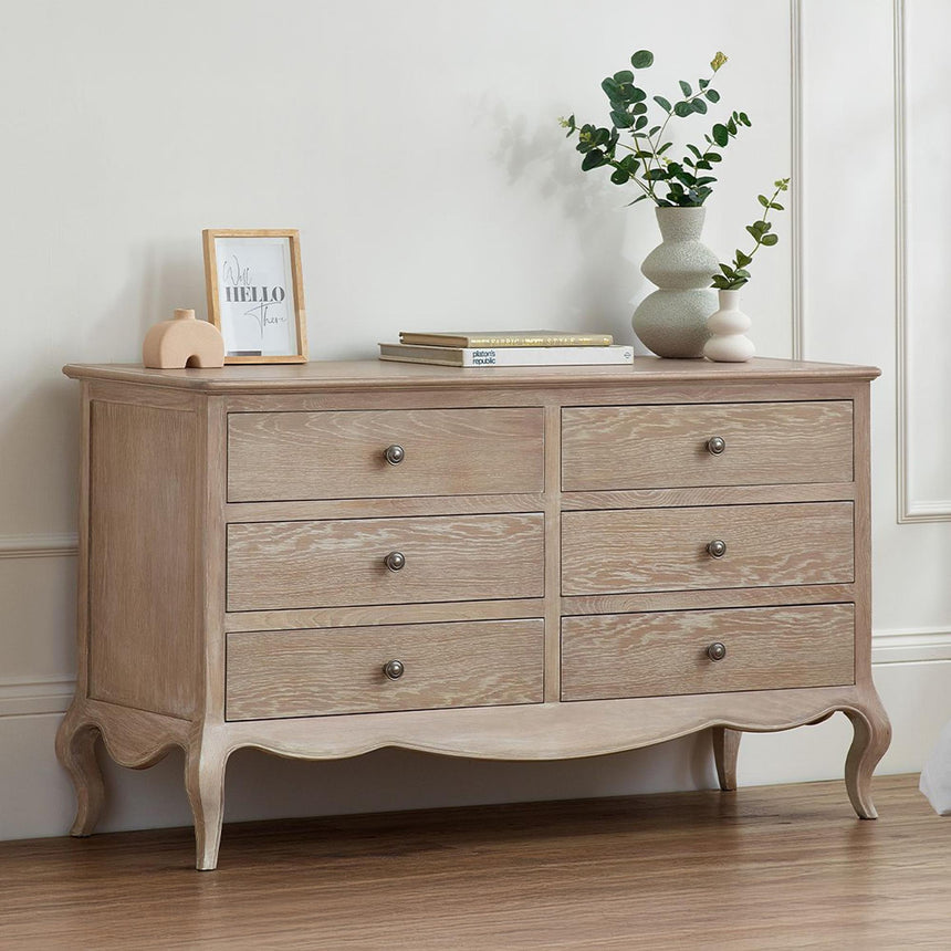 Camille Oak French Style 6 Drawer Wide Chest