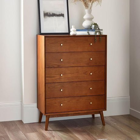 Lowry Cherry Wood Retro Style 5 Drawer Midi Chest