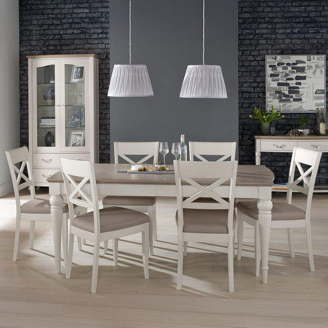 Bentley Designs Montreux Grey Washed Oak and Soft Grey 6 to 8 Seater Extending Dining Table with 6 X Back Grey Bonded Leather Chairs