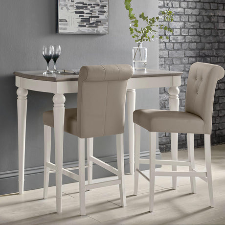 Bentley Designs Montreux Grey Washed Oak and Soft Grey Bar Table with 2 Upholstered Grey Bonded Leather Bar Stools