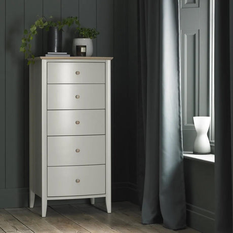 Bentley Designs Whitby Scandi Oak and Soft Grey 5 Drawer Chest