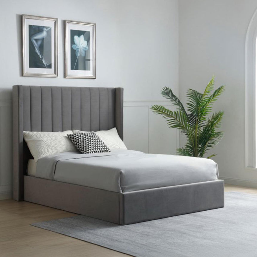 Emerson Athena Grey Velvet Fabric Multi-Lift Ottoman Storage Bed