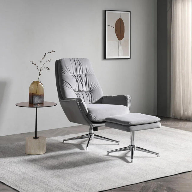 Hugo Grey Velvet Fabric Swivel Chair with Footstool