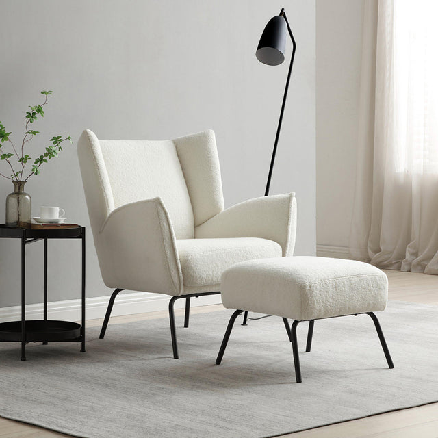 Zane Hermes Cream Teddy Fabric Accent Chair with Footstool