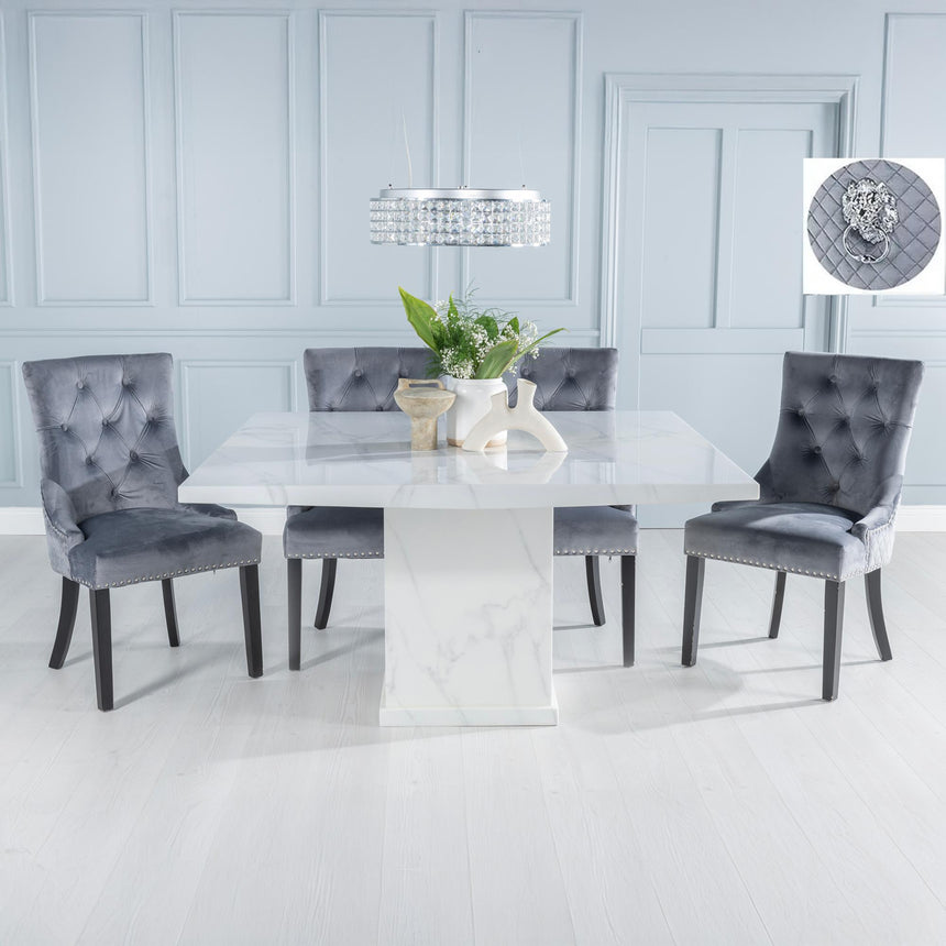 Turin White Marble Square Dining Set - Grey Fabric Lion Head Ring Back Dining Chair with Black Legs-3