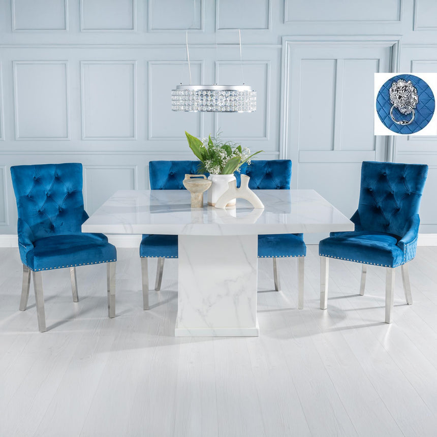 Turin White Marble Square Dining Set - Blue Fabric Lion Head Ring Back Dining Chair with Chrome Legs-3