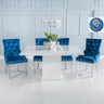 Turin White Marble Square Dining Set - Blue Fabric Lion Head Ring Back Dining Chair with Chrome Legs-3