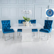 Turin White Marble Square Dining Set - Blue Fabric Knocker Back Dining Chair with Chrome Legs