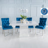Turin White Marble Square Dining Set - Blue Fabric Knocker Back Dining Chair with Chrome Legs
