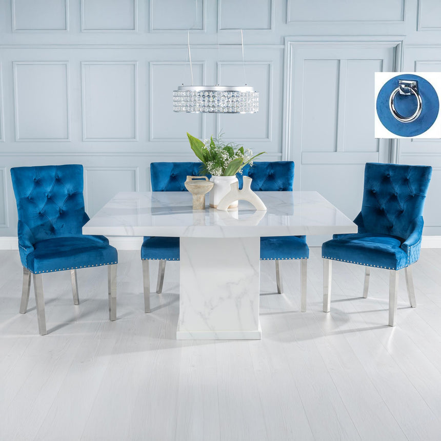 Turin White Marble Square Dining Set - Blue Fabric Knocker Back Dining Chair with Chrome Legs-3