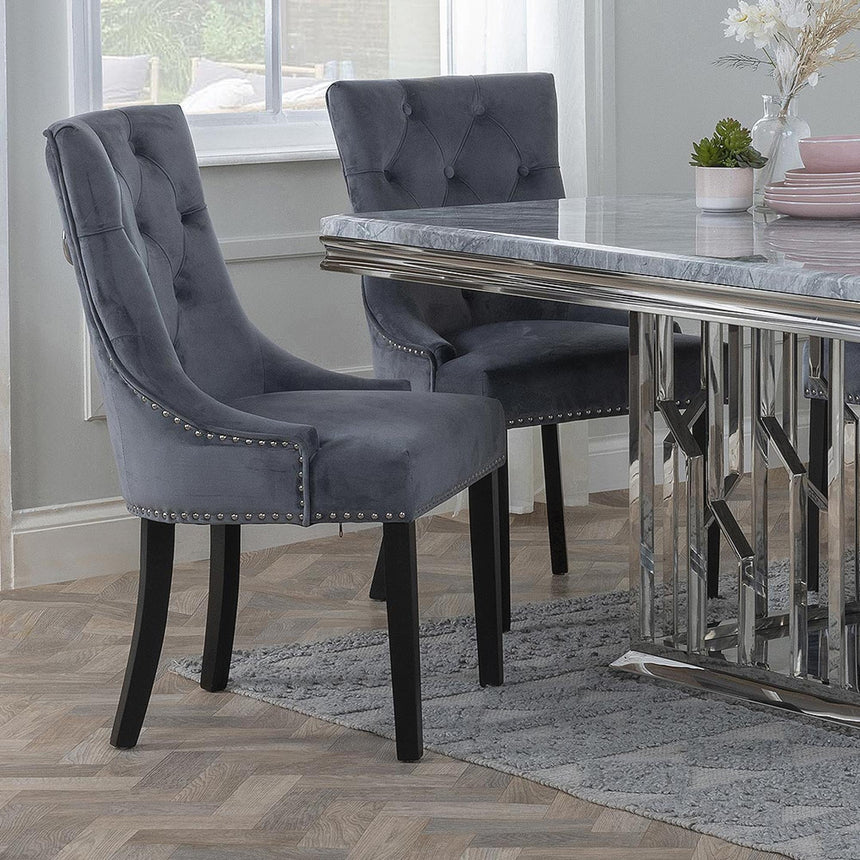 Knocker Back Grey Velvet Fabric Dining Chair with Black Wooden Legs-3