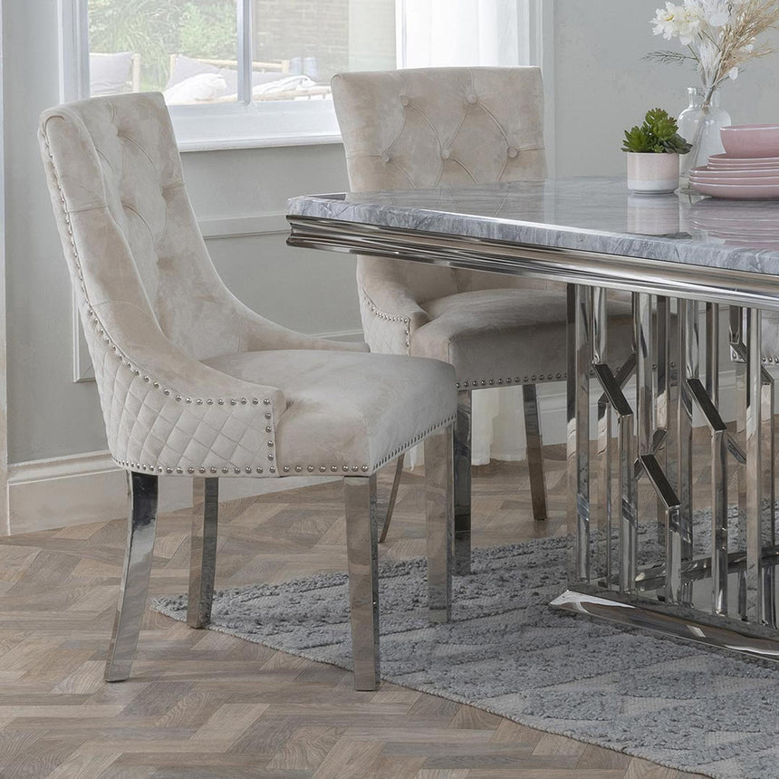 Lion Knocker Back Champagne Velvet Fabric Dining Chair with Chrome Legs-4