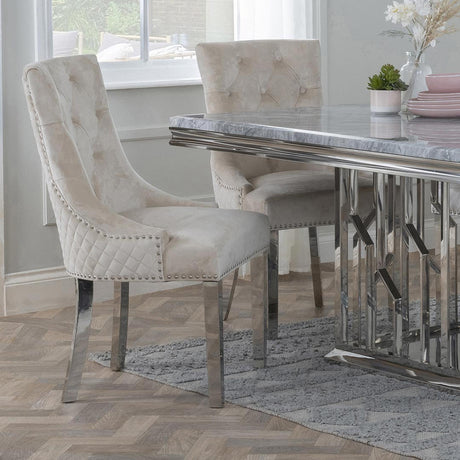 Lion Knocker Back Champagne Velvet Fabric Dining Chair with Chrome Legs-4