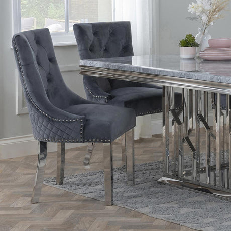 Lion Knocker Back Grey Velvet Fabric Dining Chair with Chrome Legs-3