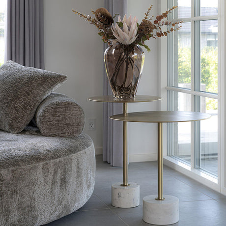 Lecco Gold Metal Round Large Side Table with Marble Base