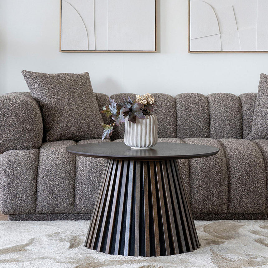 Osaka Smoked Oak Round Coffee Table with Slatted Base
