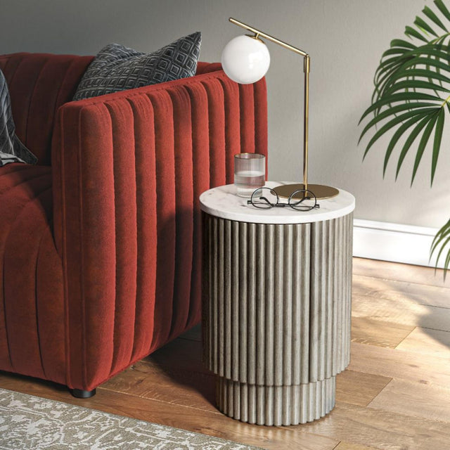 Isabella Grey 1 Door Fluted Round Side Table with White Marble Top