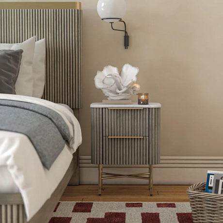 Isabella Grey 2 Drawer Fluted Narrow Bedside Table with White Marble Top