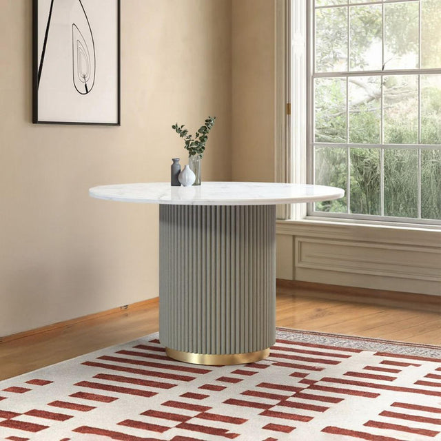 Isabella Grey 4 Seater Round Fluted Dining Table with White Marble Top - 120cm