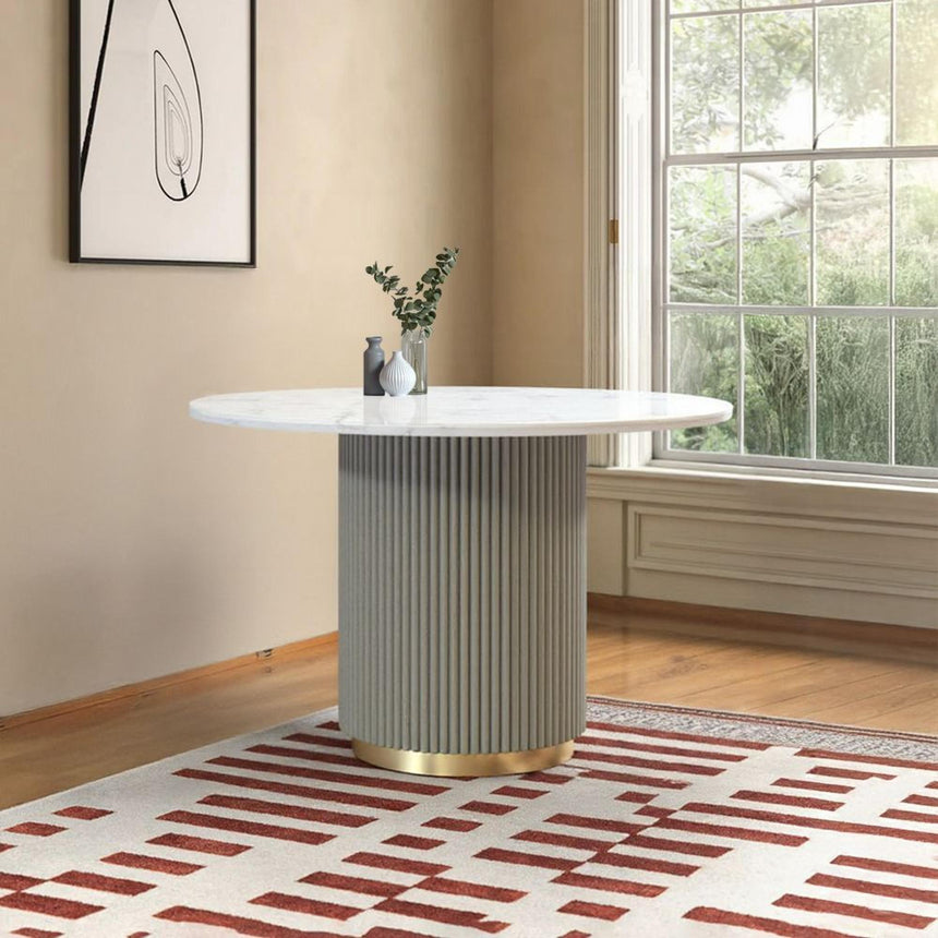 Isabella Grey 4 Seater Round Fluted Dining Table with White Marble Top - 120cm