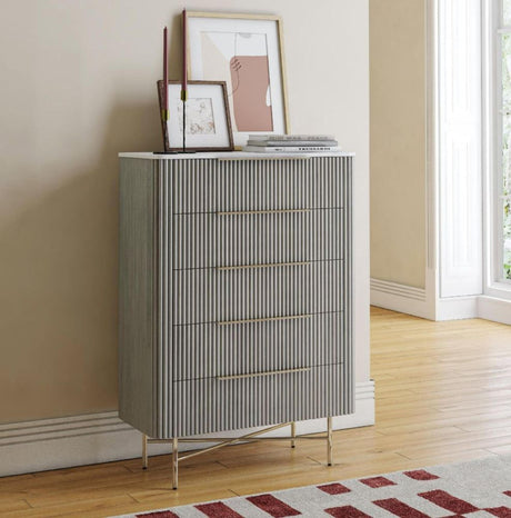 Isabella Grey 5 Drawer Fluted Chest with White Marble Top
