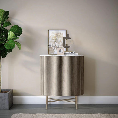 Isabella Grey Mini 2 Door Fluted Curved Sideboard with White Marble Top - 65cm