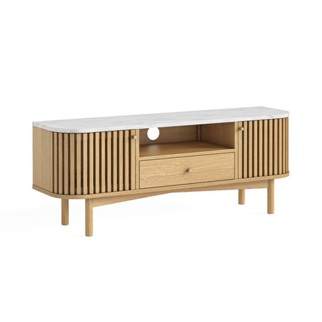 Soho Oak 130cm Slatted Small Storage TV Unit - White Marble Top