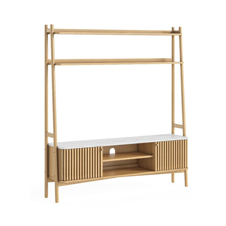 Soho Oak 165cm Slatted Ladder Large Storage TV Unit - White Marble Top