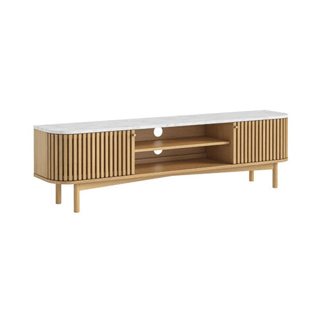 Soho Oak 180cm Slatted Large Storage TV Unit - White Marble Top